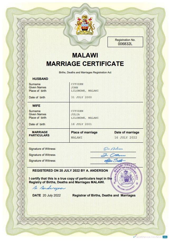 Download Malawi marriage certificate Word and PDF template Photoshop template